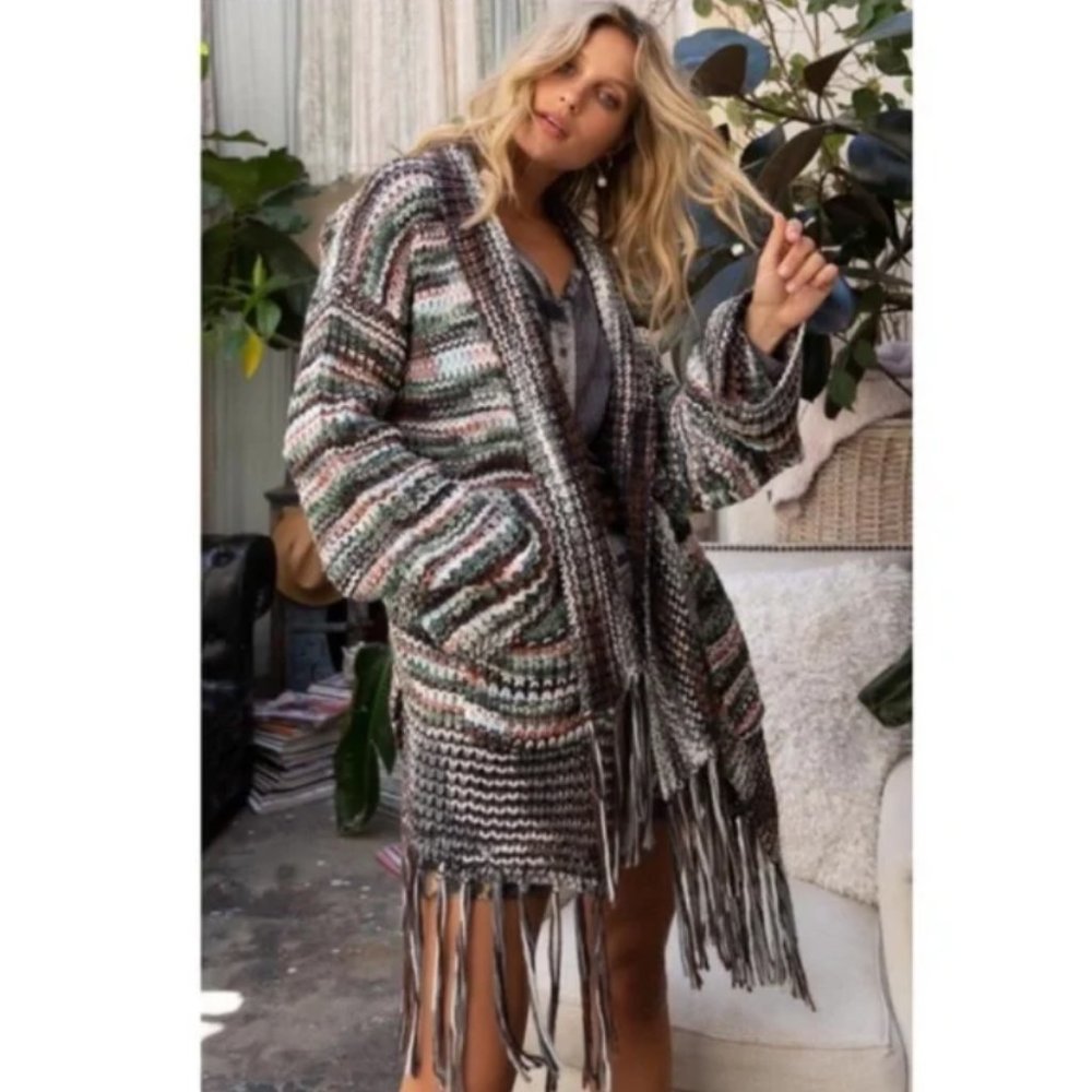 POL Striped Fringe Knit Cardigan in Brown, Green, Cream - Picture 11 of 13